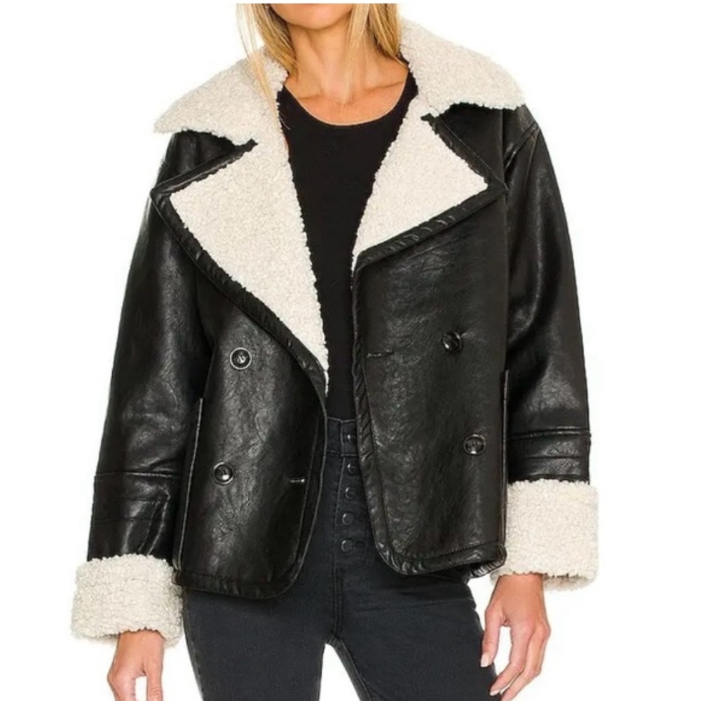We the Free Kaja Black Vegan Leather Sherpa Lined Coat XS